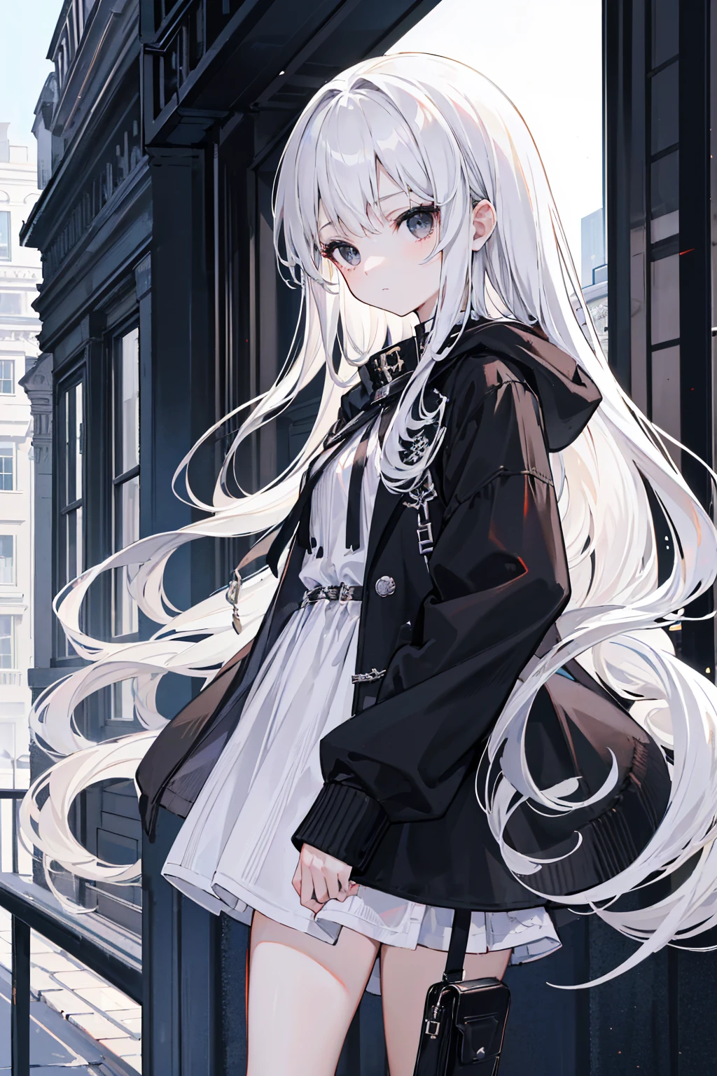 close-up, masterpiece, best quality, high details, (((a girl))), ((white long hair:1.2)), (black eyes:1.3), closed mouth, expressionless, Anime girl wearing Black jacket, white dress, Standing on the balcony