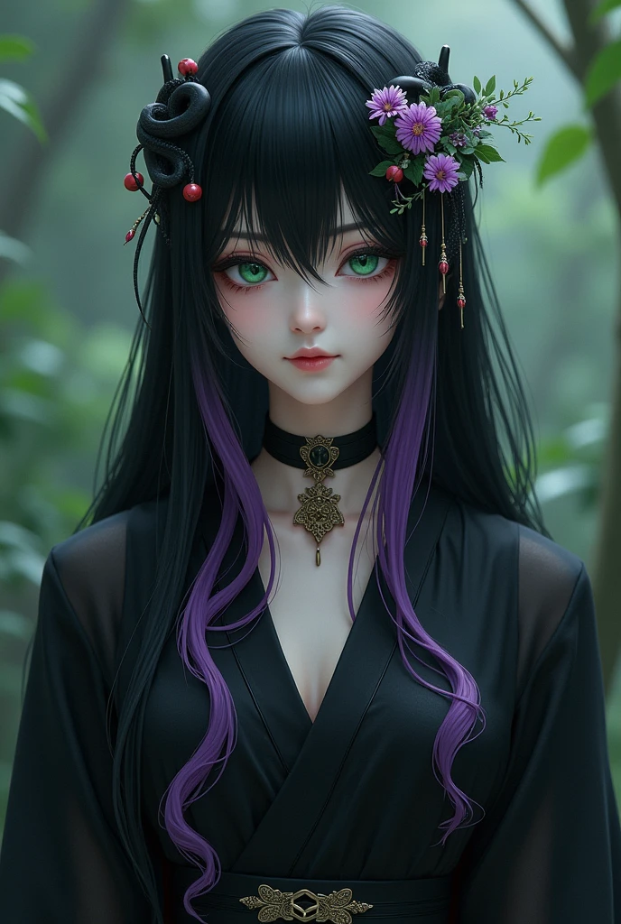 Long, black hair with a purple gradation at the ends。The hairpin is made of chrysanthemums.。Long, cool, deep green eyes。A beautiful girl with a bewitching smile and a snake face。She has an air of elegance, nobility, mystery, and something terrifying and eerie.。Wearing a black shrine maiden outfit。
She is a sorcerer who uses the outer world and is skilled in the art of poisoning.。He always keeps several poisonous snakes in his shadows and can summon snakes to serve him in times of emergency.。