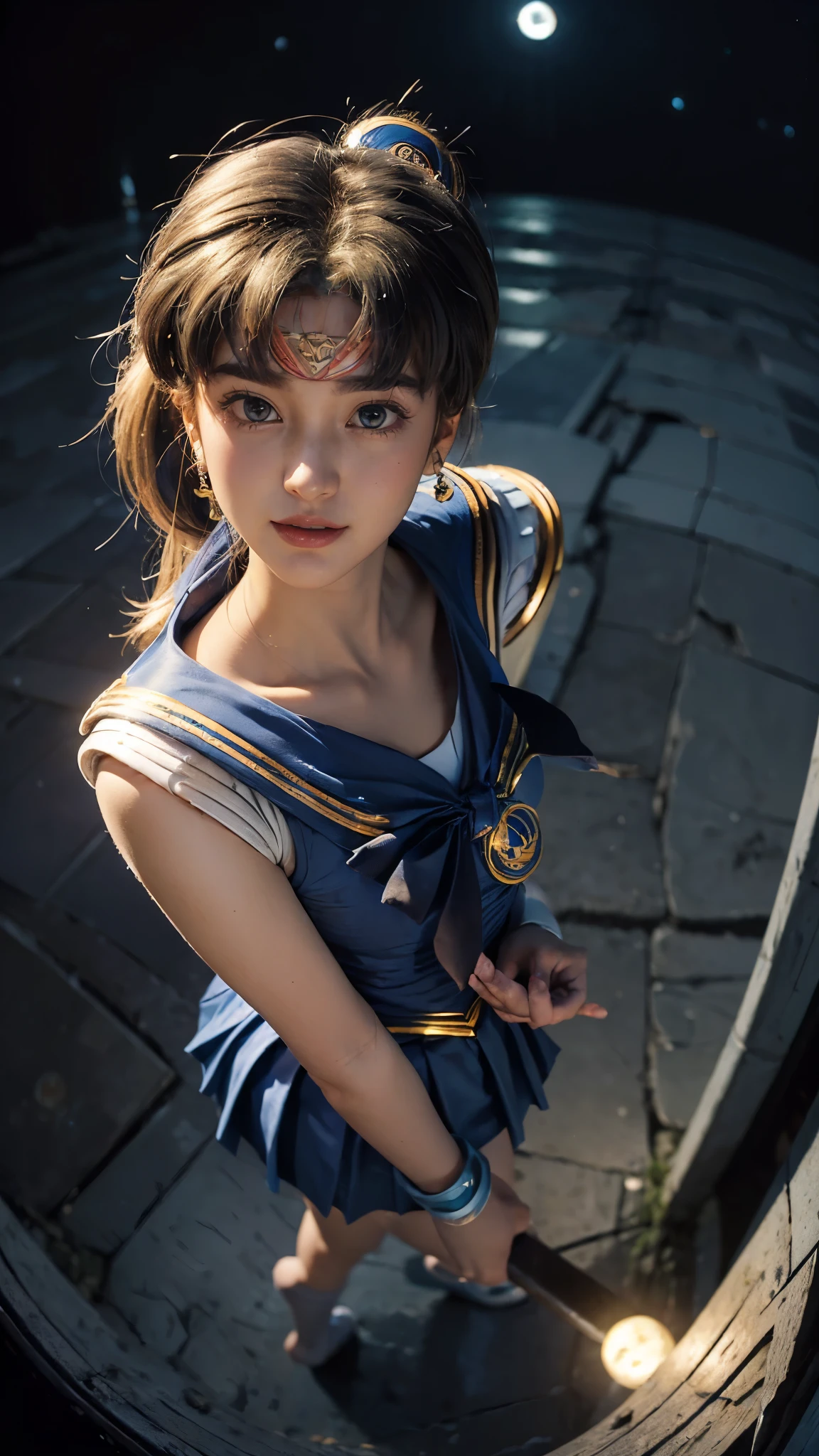 Highest quality, masterpiece, Ultra-high resolution,4K,((Show your teeth and smile)),((Sky Blue Sailor Moon Cosplay Portrait:1.6)),((Real Cosplay)),RAW Photos、((Pleated mini skirt)),((Breast up)),1 person,A slim 22-year-old adult female,,((Blonde ponytail and hair tie)),((Ribbon in hair)),((Looking up at the audience)),((Face Focus:1.4)),((Shot from above the moonlit sky with a fisheye lens:1.4))