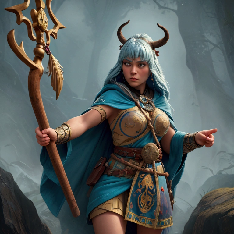 (((masterpiece, Best quality, high detail, 8 K))) Develop a layout of a game character's showcase, (masterpiece, Best quality) detailed, ((masterpiece)),(((Best quality))), character design, The main character in the Scandinavian Nordic theme. shaman, woman. interesting weapon, next to the character is a guardian spirit, shaman, unusual staff, dynamic pose, Details of the image. Interesting, full length, персонаж shaman, the spirit is near