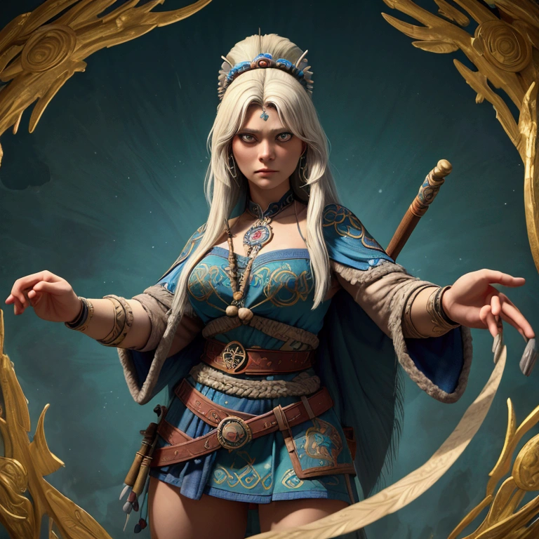 (((masterpiece, Best quality, high detail, 8 K))) Develop a layout of a game character's showcase, (masterpiece, Best quality) detailed, ((masterpiece)),(((Best quality))), character design, The main character in the Scandinavian Nordic theme. shaman, woman. interesting weapon, next to the character is a guardian spirit, shaman, unusual staff, dynamic pose, Details of the image. Interesting, full length, персонаж shaman, the spirit is near