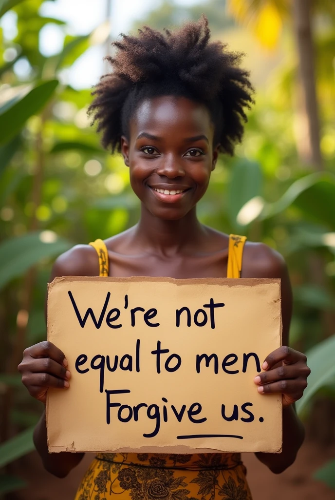 Funny picture of an African lady holding a board written we’re not equal to men. Forgive us 