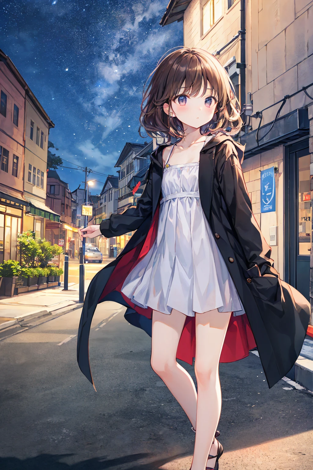 （Cute older sister:1.3）、(Very detailed)、summer、she、Messy Hair、The whole body is visible，moisture、Brown Hair、night、suit，Small breasts，Flat chest，Cityscape，美しいnight景，((Highest quality)), (Very detailed), (High-definition CG synthesis 8k wallpaper), 高いly detailed,  高い-definition raw colbor photos, Professional photography,  Written boundary depth,Looking up at the sky，