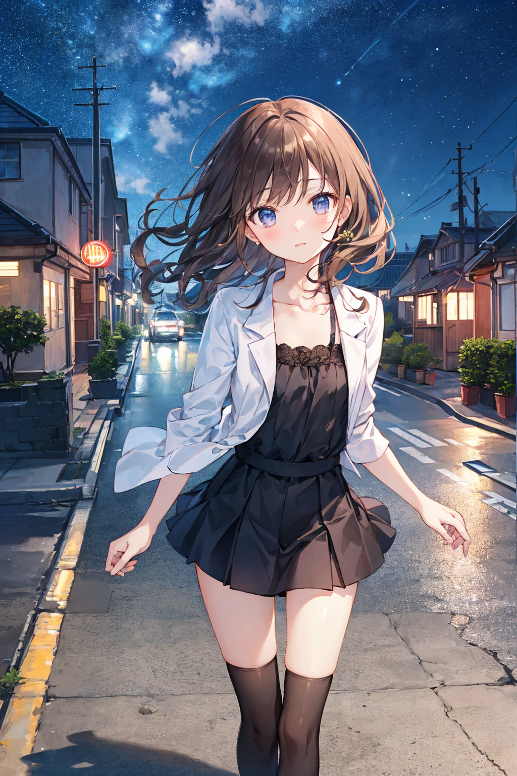 (Cute older sister:1.3)、(Very detailed)、summer、she、Messy Hair、The whole body is visible,moisture、Brown Hair、night、suit,Small breasts,Flat chest,Cityscape,美しいnight景,((Highest quality)), (Very detailed), (High-definition CG synthesis 8k wallpaper), 高いly detailed, 高い-definition raw colbor photos, Professional photography, Written boundary depth,Looking up at the sky,