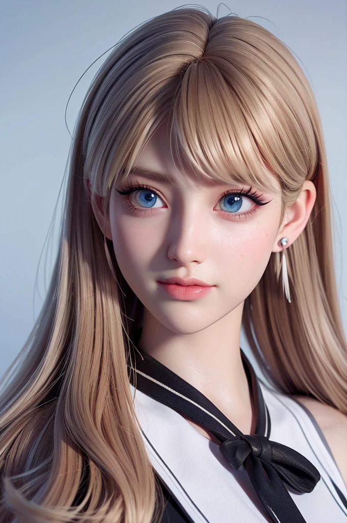 masterpiece, best quality,3d rending work,3DMM style, close-up, portrait, 3D,1girl, solo, perfect face, long hair, academy blue school uniform , long light blonde hair dyed with tint of pink color and with cute fluffy bangs well styled, hair dyed with pink color, detailed light blue eyes highlight light reflecting in her eyes, looking straight to the viewer, realistic, upper body, white background, colorful lighting, lips, edgy makeup, black shade of makeup on eyelids, ear piercing, fair skin, perfect hourglass body, she has sharp jawline, photo card, The artwork should have the best quality, with ultra-detailed and realistic features. The color palette should be vivid, and the lighting should emphasize the character's facial structure and expression.
