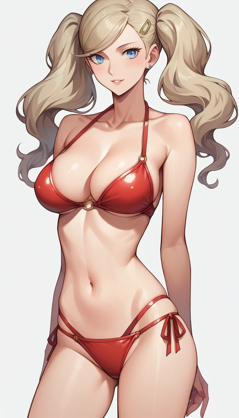 one anime girl, Ann Takamaki, blonde hair, long hair, twintails, swept bangs, blue eyes, big breast, in bikini, sexy pose,white background