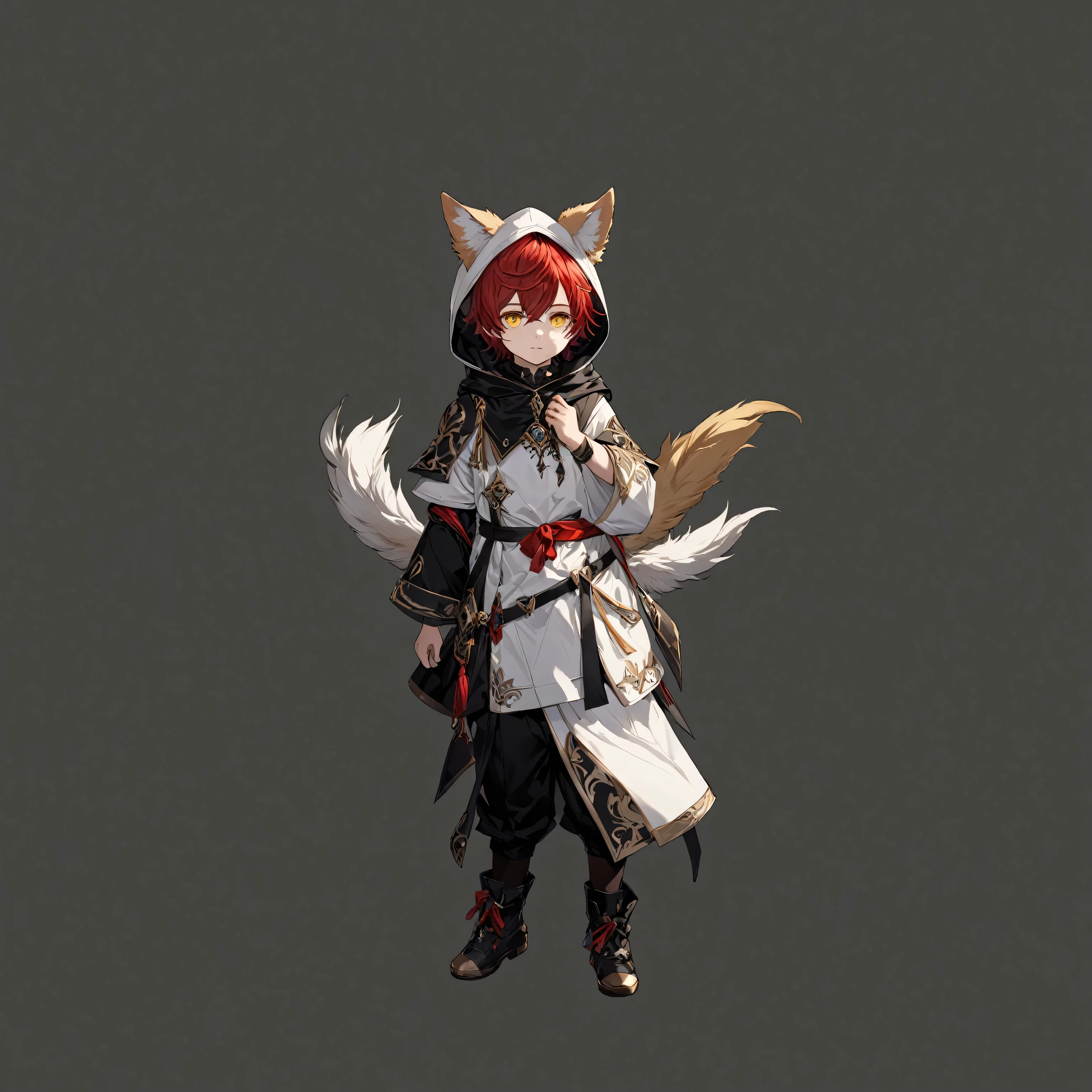 masterpiece, best quality, good quality, Highly detailed, shadowverse style, male, child, red hair, short hair, boy, child, yellow eyes, cute, dog ear, hooded, white and black main color, modern aesthethic