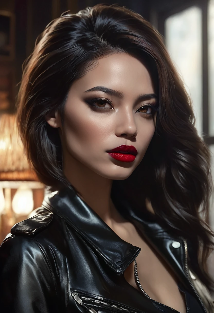 1 woman, inside a dark and gloomy house, wearing a blouse with a black leather jacket over it, detailed facial features, feminine brown eyes, detailed black skin, long brown hair, red lipstick, dramatic lighting, cinematic composition, dark palette, dark colors, atmospheric haze, thin chin, serious face, beautiful woman, adult woman, ultra realistic, profile picture, gorgeous, surreal beauty, 25 years old, (best quality, 4K, 8K, high resolution, art: 1.2), ultra detailed (realistic, photorealistic, photorealistic: 1.37)