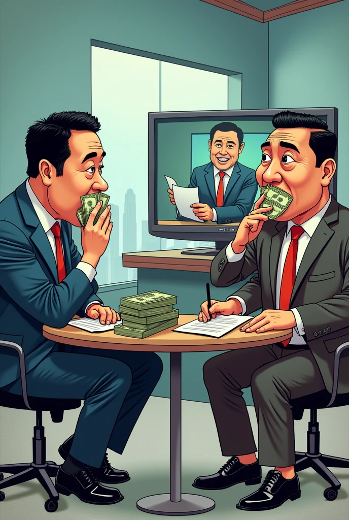 make me a political cartoon were in it shows the situation of the Philippine Media were in journalists are not publishing pure facts and are silenced by powerful people when money is involved, in landscape orientation 

make this in landscape and more cartoon, also includes visual of money for their sikene

highlight the person as journalists, and make them in the reporting studio 

cover their mouths with money

just the same design but include a television on the background where a reporter is reporting 

much more cartoon, like 1d version

make this more artistic and with more elements 
