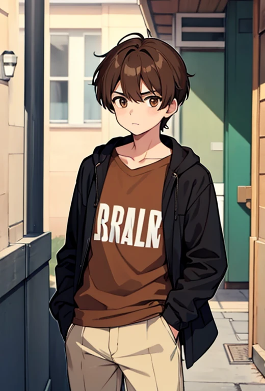1 boy, brown hair, brown eyes, casual clothes