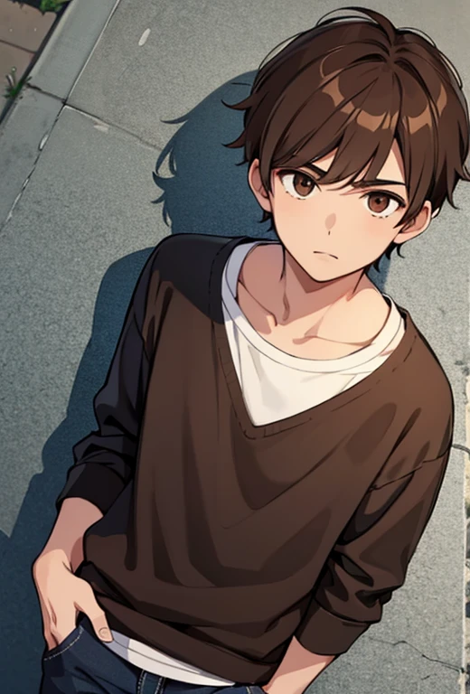 1 boy, brown hair, brown eyes, casual clothes