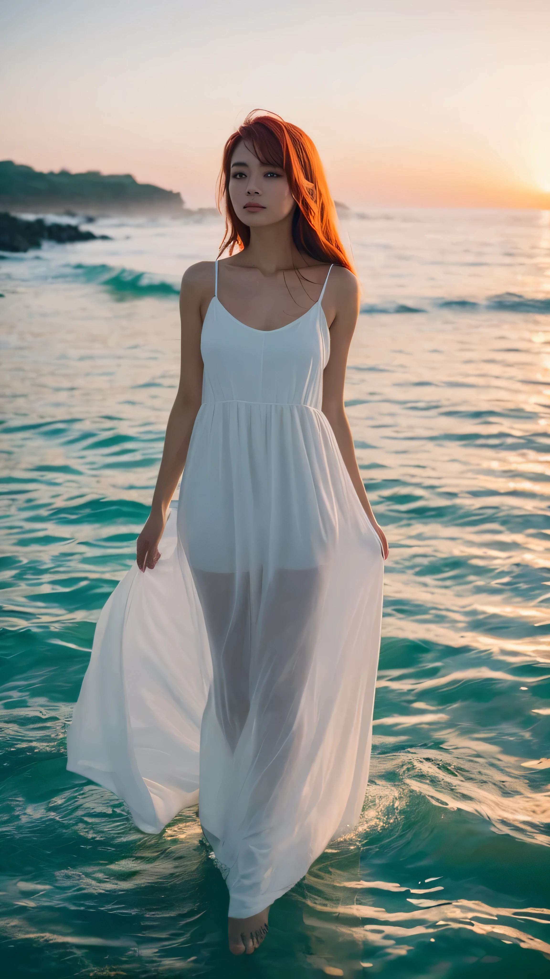 (masterpiece, Highest quality), ((woman, alone, Long Hair)), Ishmael_horn, Innocent look, Bare arms, Expose your shoulders, Bare neck, watercolor, Sundress, Liquid clothing, water, Wave, water dress, green_theme, night, mist, dark, Sharp focus, Ocean, See-through dress, Orange Hair