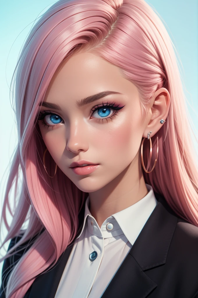 masterpiece, best quality, close-up, portrait, 3D,1girl, solo, perfect face, long hair, academy blue school uniform , long light blonde hair dyed with tint of pink color and with cute fluffy bangs well styled, hair dyed with pink color, detailed light blue eyes highlight light reflecting in her eyes, looking straight to the viewer, realistic, upper body, white background, colorful lighting, lips, edgy makeup, black shade of makeup on eyelids, ear piercing, fair skin, perfect hourglass body, she has sharp jawline, photo card, The artwork should have the best quality, with ultra-detailed and realistic features. The color palette should be vivid, and the lighting should emphasize the character's facial structure and expression.