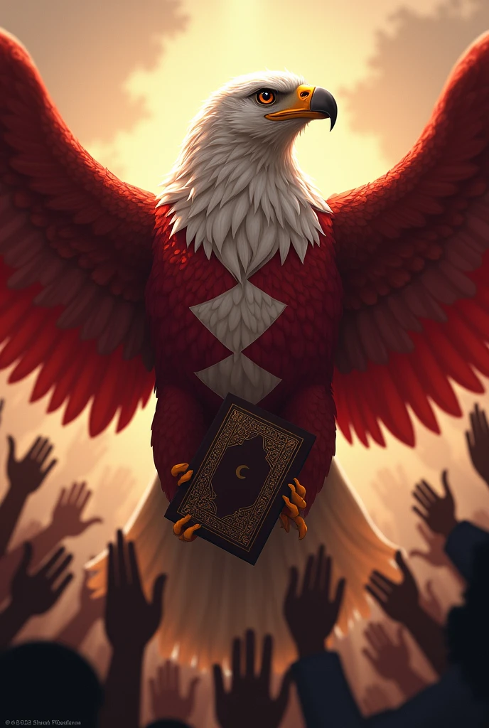 A big angry eagle his wearing bahrain flag, and his speech Qur'an and others people pray namaz