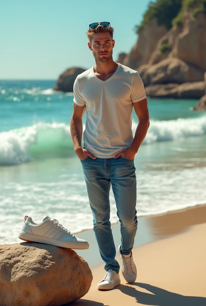 a 39-year-old white man, model type, blue colored eyes, wearing youthful clothes and sunglasses, sitting on a beach with your sneakers on top of a rock or stone