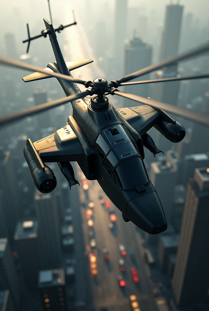 Black helicopter flying over the city