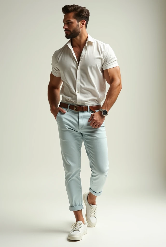 Create a photo of a man with muscles, wearing light-colored jeans, a pair of white sneakers, a beautiful colored shirt and a linen blouse, with an elegant wristwatch.