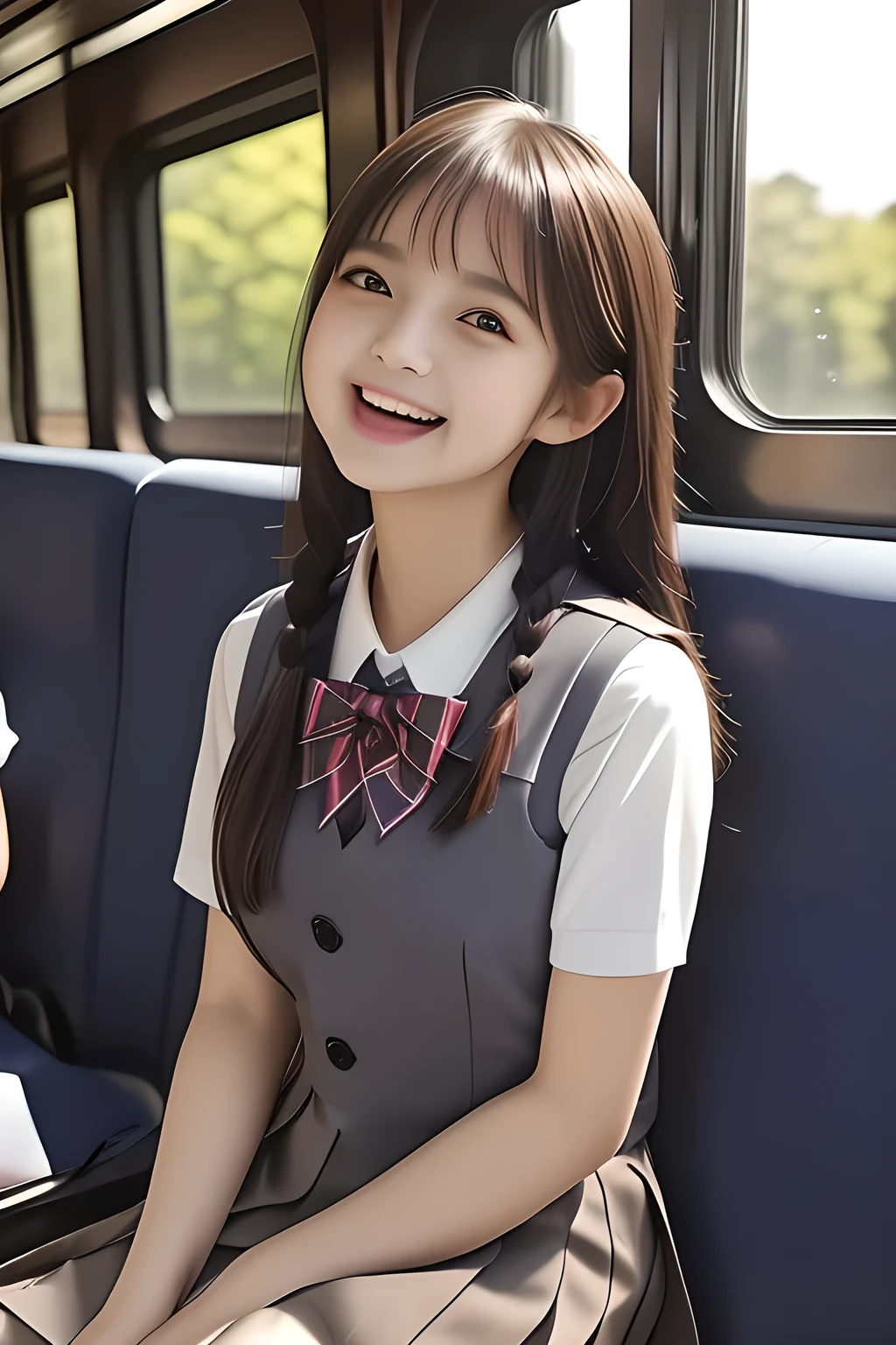 (highest quality, masterpiece, high resolution:1.2), 4K, (Photo quality detailed cute face: 1.4), (Giorgione painting style: 0.8), geometry, ( yo cute girly Japanese girls are seated and looking ME up in a train: 1.4), (The train seats are made from the body of succubus with sailor-school-uniform: 1.2), Laughing cutely, (neat girly white short-sleeves school blouse: 1.0), (puffed short sleeves: 1.0), (Dark red glossy school ribbon on the breast: 1.0), (Gray Japanese school girly vest Uniform: 1.2), (Box-pleated gray short school skirt: 1.2), (Extremely laughing cheeks: 1.0), (Beautiful light-amber cute-dolly large clear eyes with detailed cutely: 1.4), (Long bottom eyelashes: 1.2), (Expressing the greatest joy with her whole body: 1.2), (Glossy lips: 1.0), (Super-straight super-long hair: 1.5), (white and clear skin: 1.0), (Promoting Shampoo: 1.2), (Strong yearning: 1.2)