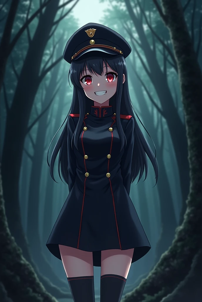 uniform、Long coat、Long Black Hair、Red eyes、Anime Style、woman、15 years old、Too much exposure、The background is a dark forest.、Colonel-level rank、A suspicious smile with teeth showing、my hands are clasped behind my back、mini skirt、Knee-high socks、Military hat、Eyes slightly closed、Take a picture of this person from the top right、Make this person face the top right