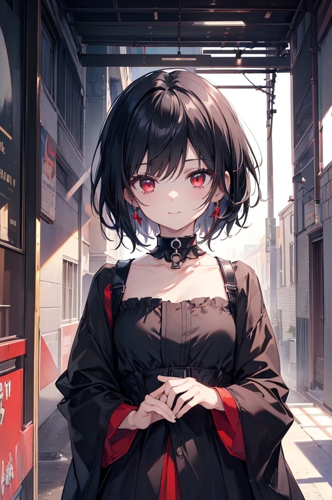 (masterpiece, highest quality, highest quality, (No text), Beautiful and aesthetic:1.2),No text,アニメ、BREAK,One Girl，Black Hair Girl　short hair　older sister　choker　Beautiful eyes　Red eyes　cool　smile　Black and Red　whole body　In town