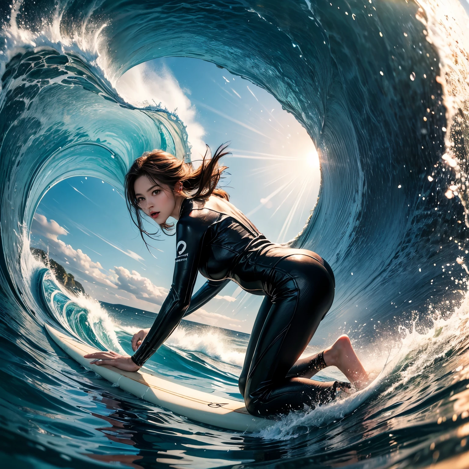 (Luminism:1.28), Back view、(TopQuality 8K Masterpiece:1.2) (ProfessionalPHOTO:1.37) Extremely Detailed (A girl standing on a surfboard riding a giant tube wave:1.5)、Early morning sea、(He is crouching and balancing on a large surfboard.:1.3)、Surfing on waves、(Tube Wave)、(There is always a surfboard under your feet:1.3) White bubbling water、Powerful waves、Sea splash、Wet Hair、(Super hourglass body type)、(Super big breasts pointing upwards)、Flexible body like an athlete、Beautiful and well-proportioned face、(Reflective Eyes)、Dynamic movement blur、Correct fingers、(Surfing Photos:1.4)、Extreme Sports Photography、Acrobatic action pose