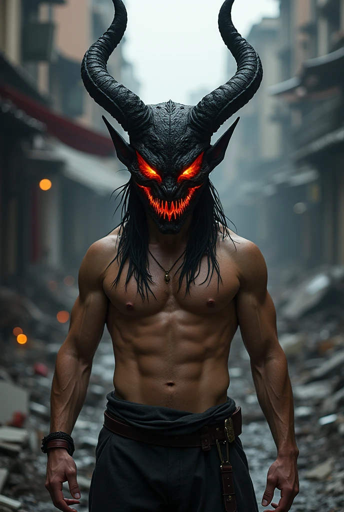 Long tied black hair,man, with out wearing shirts, showing medium body physic, wearing a black demon helmet , helmet eyes are burning in red fire,vains are flowing with larva ,calm helmet face, background : a street after a big fight