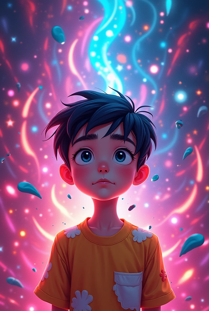 A young boy with dreams so big they spill out of his imagination, neon colored background