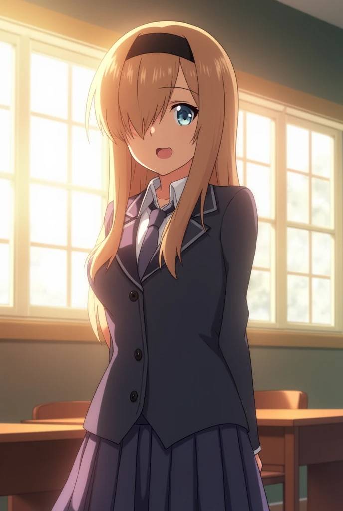 My hero academia screenshot, 1 girl, light brown/blond hair with bangs over one eye, long under shoulder hair, black headband, with light blue eyes, wearing my hero academia school uniform, classroom, sun rays 
