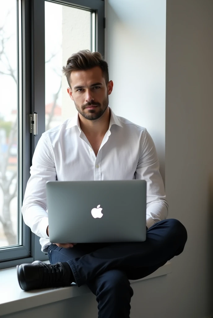 A handsome guy - a designer sits on the windowsill. He holds a laptop on his lap - aimak from Apple, the man is dressed in a white shirt