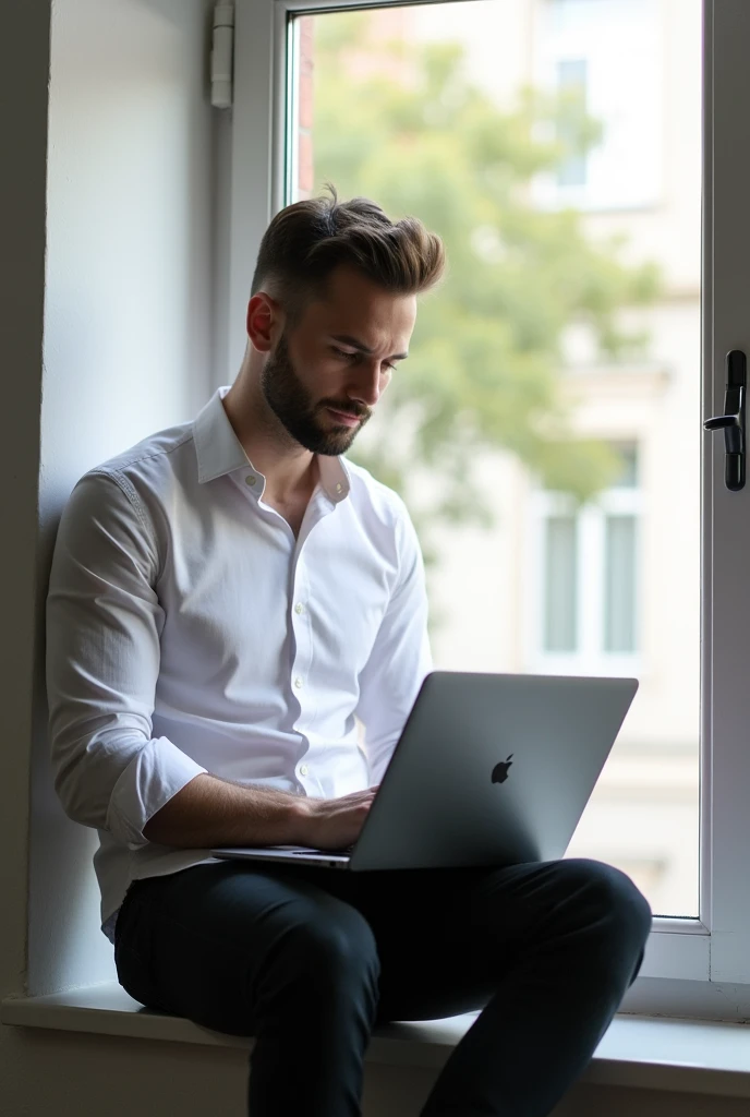 A handsome guy - a designer sits on the windowsill. He holds a laptop on his lap - aimak from Apple, the man is dressed in a white shirt