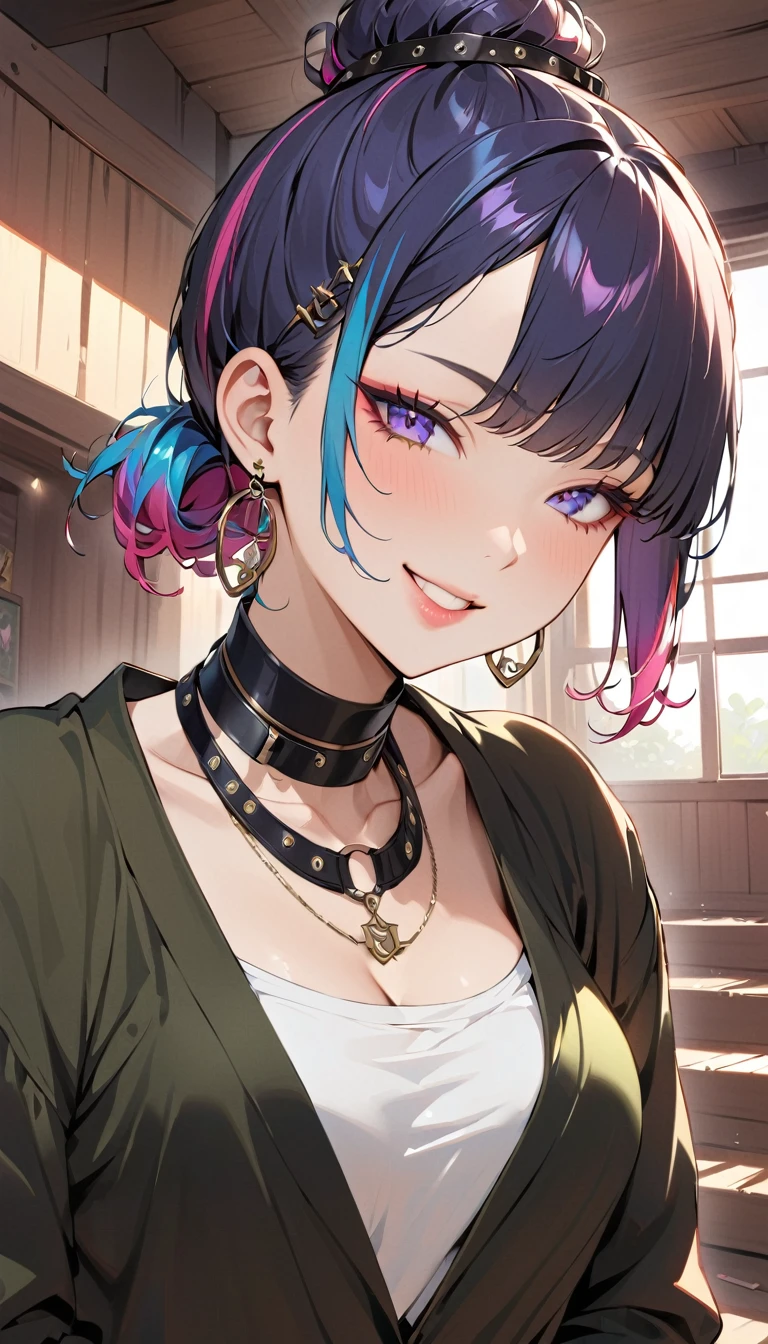 One girl, Holopunk Style, Rainbow Hair, Earrings, eyelash, Grin, indoor, jewelry, lips, compensate, necklace, Goth, masterpiece,
