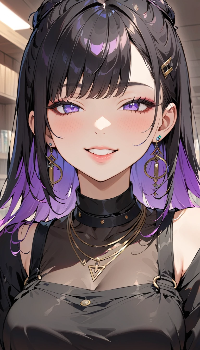One girl, Holopunk Style, Rainbow Hair, Earrings, eyelash, Grin, indoor, jewelry, lips, compensate, necklace, Goth, masterpiece,