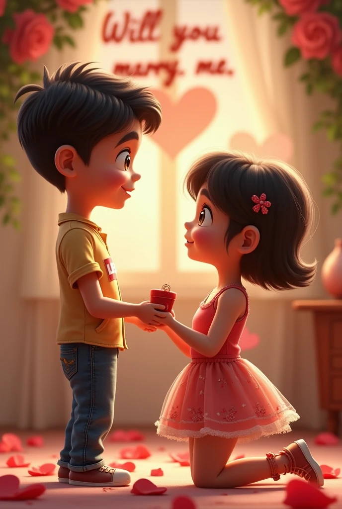 (photorealism:1.2),cute couple,boy stand up infront of girl,boy is looked like happiness in his eyes,girl sitting on her one knees and proposing him with a ring box in her hand,girl wearing cute short fancy frock ,and looked at his face,both are looked each other,boy wear half sleeve shirt,and Levis jeans and shoes ,on boy face some smile,girl hair is short shoulder length,boy and girl skin colour is fair,in background written with roses - will you marry me Aadi visible in this image,room is decorated,it is a proposal scene, looking so real and cute