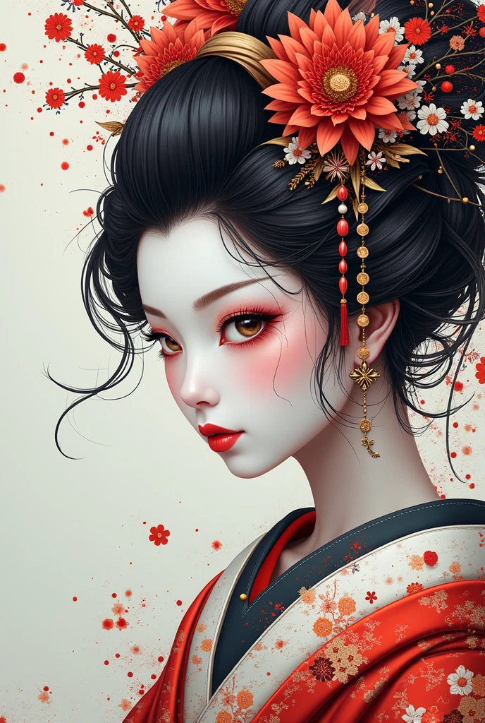 Closeup on face ,masterpiece, best quality, ultra-detailed,((geisha)) ,cybernetica,cybernetic parts,line art