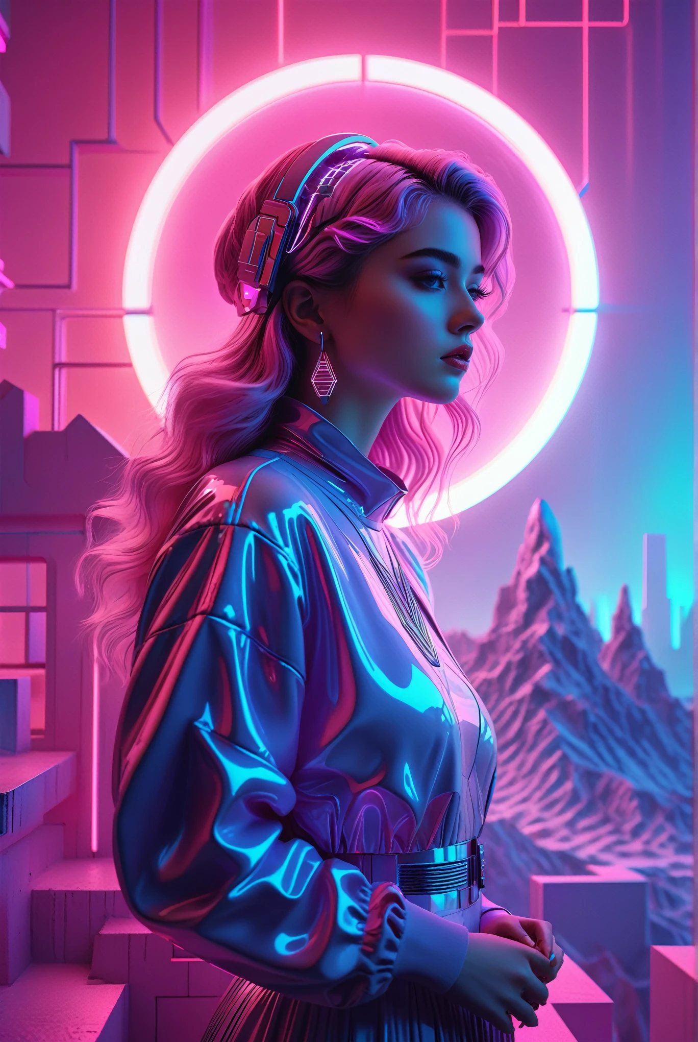 A beautiful detailed girl in a dreamlike vaporwave landscape, colorful neon lights, glowing futuristic elements, intricate geometric patterns, cinematic lighting, pastel colors, ethereal atmosphere, surreal and psychedelic, 8k, best quality, masterpiece, ultra-detailed, photorealistic