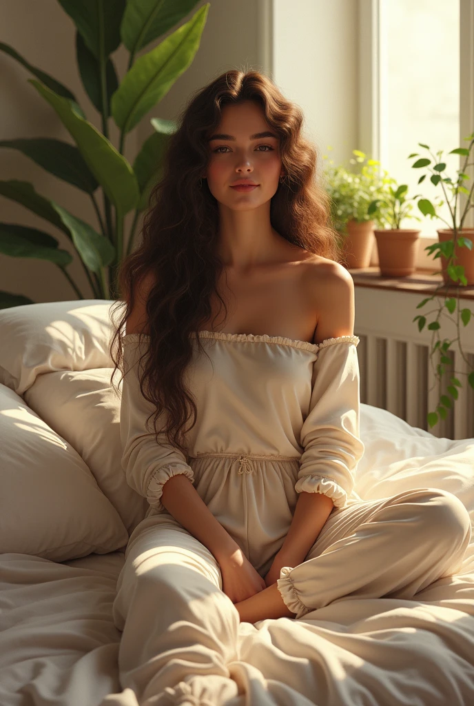 (photorealism:1.2), beautiful woman, sitting on bed, wearing loose off-shoulder top, pajama pants, long curly hair, indoors, soft lighting, plants in background, window with sunlight, cozy room, relaxed pose, realistic, intricate details, warm colors, by Greg Rutkowski, by Alphonse Mucha