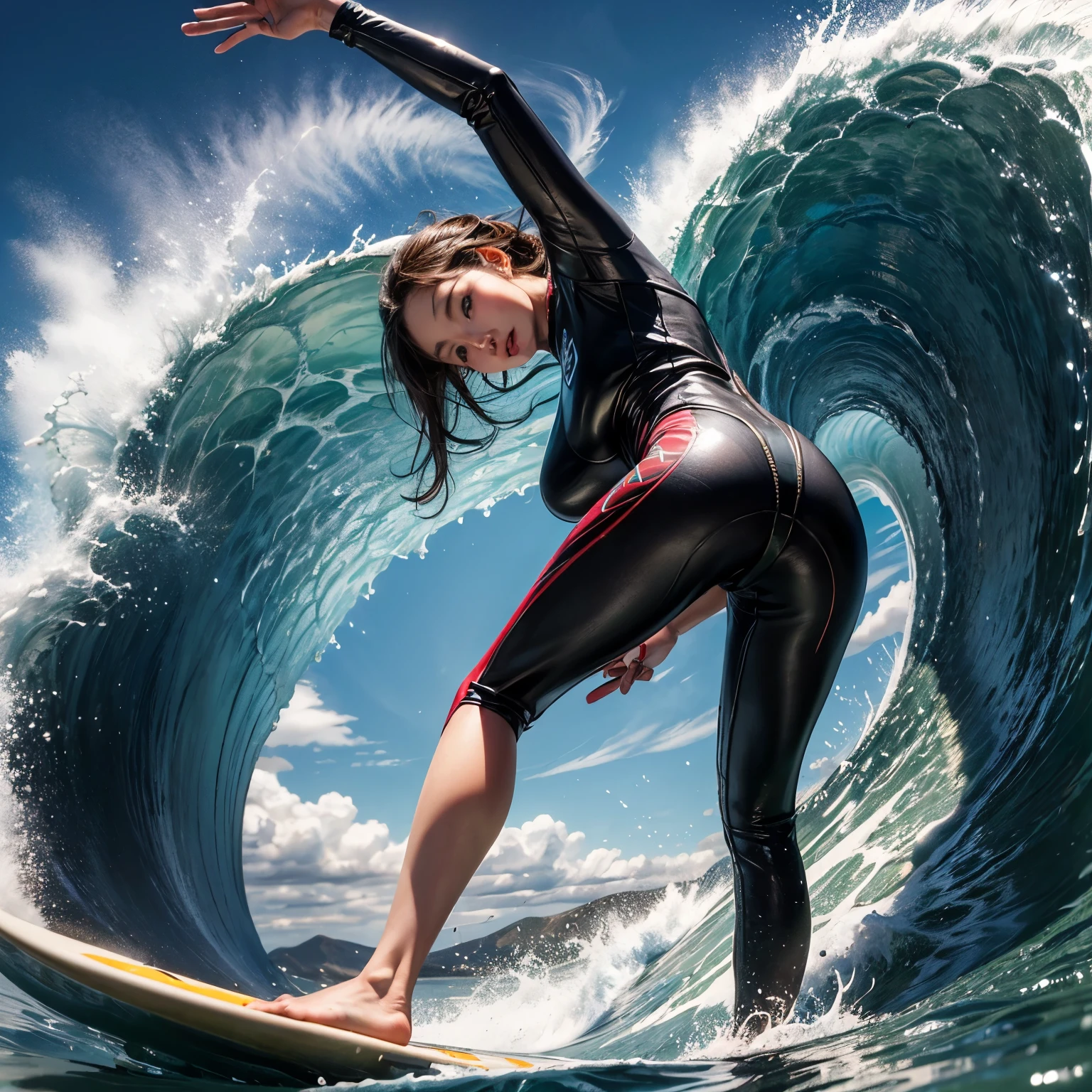 (Luminism:1.28), Back view、(TopQuality 8K Masterpiece:1.2) (ProfessionalPHOTO:1.37) Extremely Detailed (A girl standing on a surfboard riding a giant tube wave:1.5)、Early morning sea、(He is crouching and balancing on a large surfboard.:1.3)、Surfing on waves、(Tube Wave)、(There is always a surfboard under your feet:1.3) White bubbling water、Powerful waves、Sea splash、Wet Hair、(Super hourglass body type)、(Super big breasts pointing upwards)、Flexible body like an athlete、Beautiful and well-proportioned face、(Reflective Eyes)、Dynamic movement blur、Correct fingers、(Surfing Photos:1.4)、Extreme Sports Photography、Acrobatic action pose