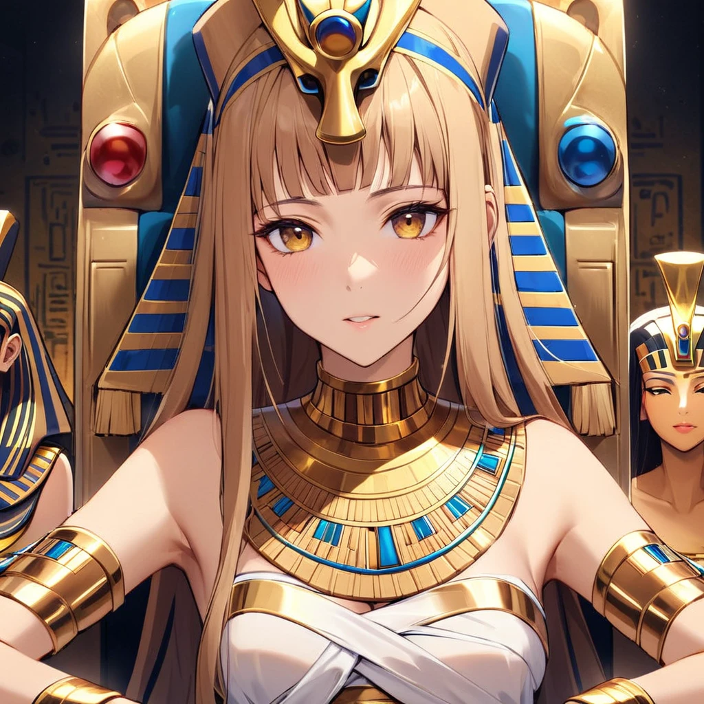 ((Highest quality)), ((masterpiece)), (detailed), （Perfect Face）、((The woman is wearing the golden mask of Tutankhamun))、The woman with the face of Tutankhamun in ancient Egypt is Asuna Yuuki with bright brown hair, semi-long hair, and a magnificent Tutankhamun face wearing a Tutankhamun hat. Her face is completely Tutankhamun and she is wearing clothes like Cleopatra.、The woman is dressed as Tutankhamun of ancient Egypt.、A woman sits on an ancient Egyptian throne and reigns with the golden face of Tutankhamun