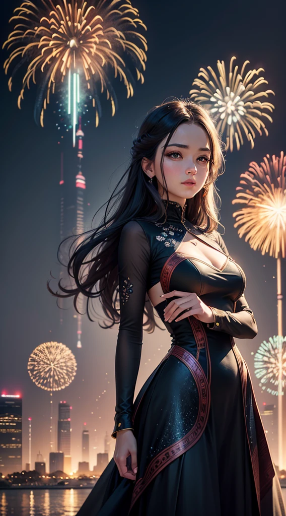 best quality,4k,8k,highres,masterpiece:1.2,ultra-detailed,realistic:1.37,portrait,landscape,painting,illustration,oil painting,double exposure effect,girl,girl in a beautiful dress,expressive eyes,festive atmosphere,grand fireworks display in the night sky,sparkling fireworks,reflection on water surface,mesmerizing colors,romantic ambiance,futuristic skyscrapers,tall buildings,reaching towards the sky,glowing neon lights,amazing architectural design,twinkling stars,celebration of the new year,overwhelming sense of excitement,magical moment,inspiring and artistic composition
