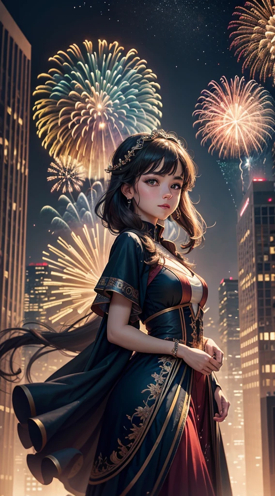 best quality,4k,8k,highres,masterpiece:1.2,ultra-detailed,realistic:1.37,portrait,landscape,painting,illustration,oil painting,double exposure effect,girl,girl in a beautiful dress,expressive eyes,festive atmosphere,grand fireworks display in the night sky,sparkling fireworks,reflection on water surface,mesmerizing colors,romantic ambiance,futuristic skyscrapers,tall buildings,reaching towards the sky,glowing neon lights,amazing architectural design,twinkling stars,celebration of the new year,overwhelming sense of excitement,magical moment,inspiring and artistic composition