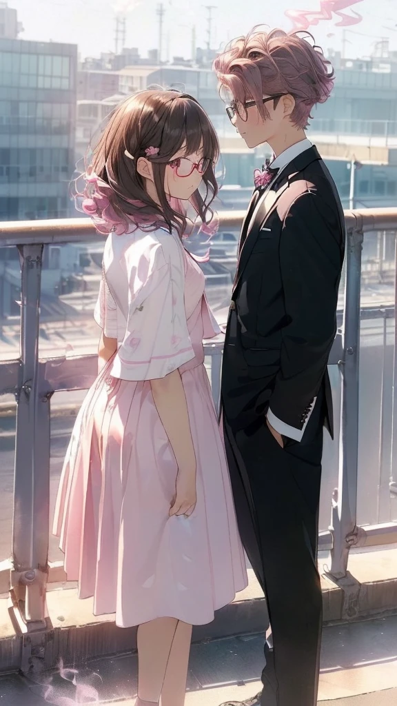 ((duo(1girl, hair deeppink, hair wave, eye color deeppink、Formal suit)(1boy, hair short, hair color brown, hair carl, glasses square, Smoking、Formal suit)))、School rooftop、Leaning against the railing、