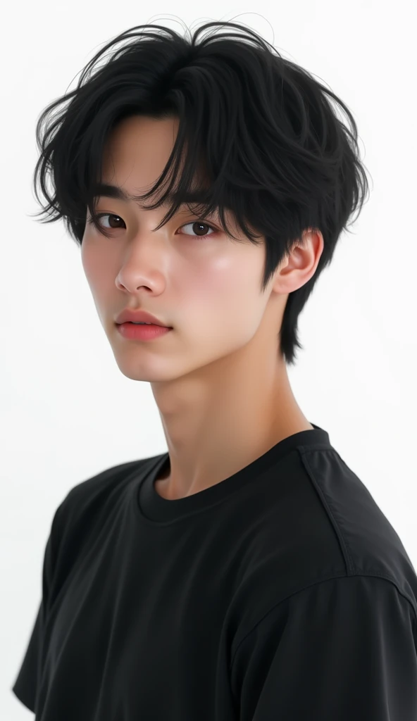 On a white background、A young man wearing a plain black unisex T-shirt、Beautiful Face、Japanese、22 years old、Black Hair、Bobcut、Upper Body。