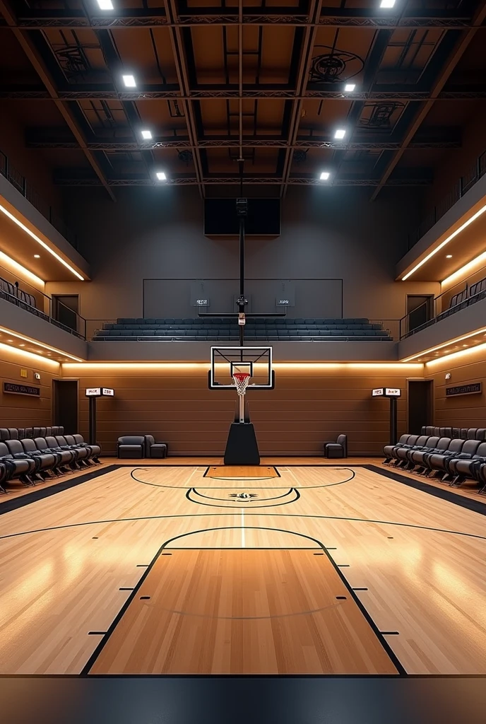 Create a small basketball court in an indoor area with modern decor and good lighting but no windows.