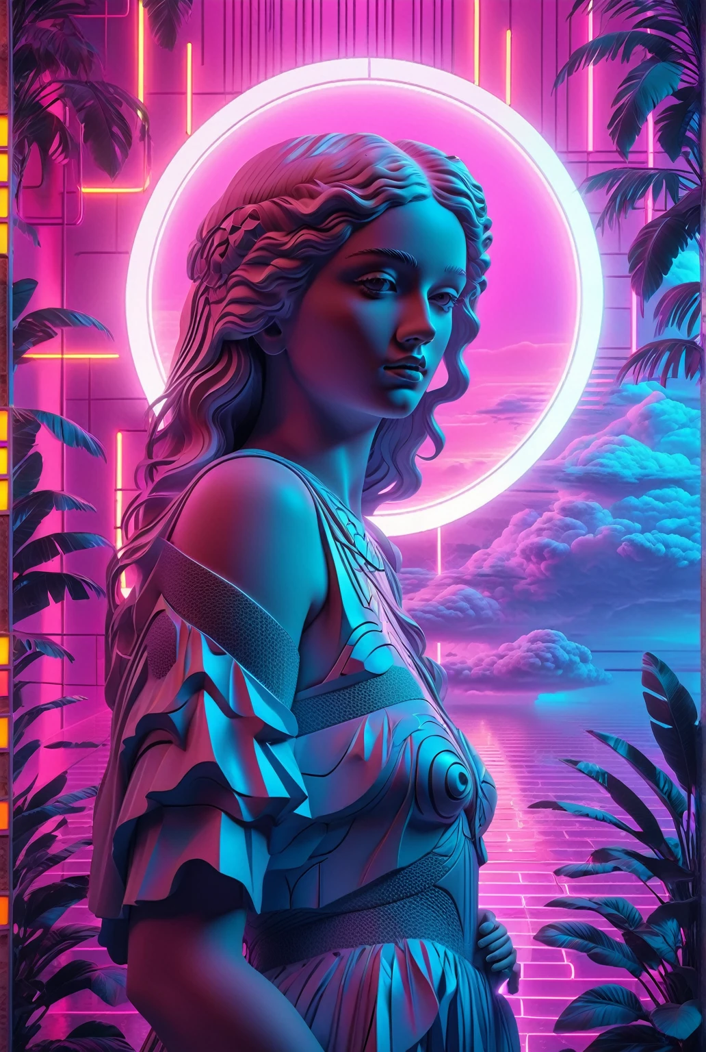 A beautiful detailed girl in a dreamlike vaporwave landscape, colorful neon lights, glowing futuristic elements, intricate geometric patterns, cinematic lighting, pastel colors, ethereal atmosphere, surreal and psychedelic, 8k, best quality, masterpiece, ultra-detailed, photorealistic