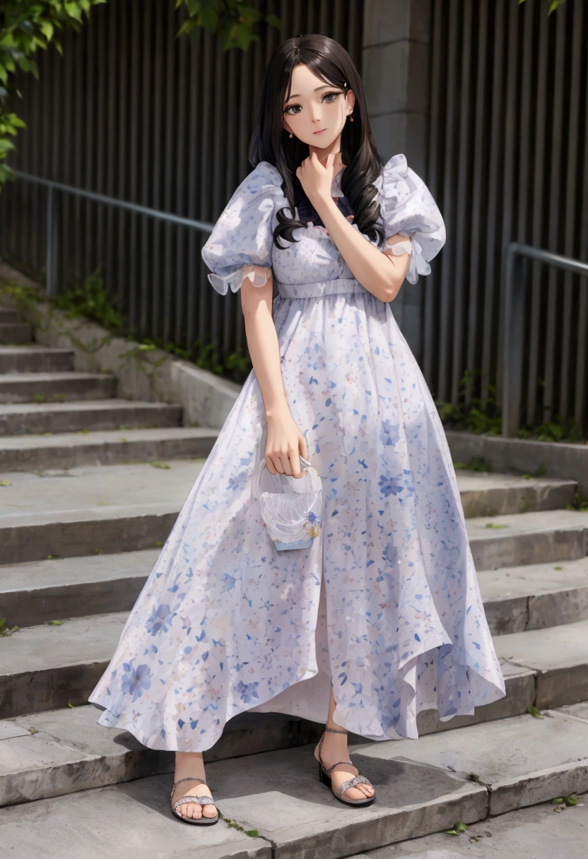 A giraffe woman in a dress standing on the stairs、I have my hand on my chin, Wearing a long floral dress, Puff sleeves, Floral Dress, Wearing a loose dress, expensive voluminous dress, Romantic Dresses, Wearing a summer dress, dressed in a Floral Dress, Wearing a floral-patterned kitten, dress in voile, Dreams of flowers, Floral Art Nova Dress