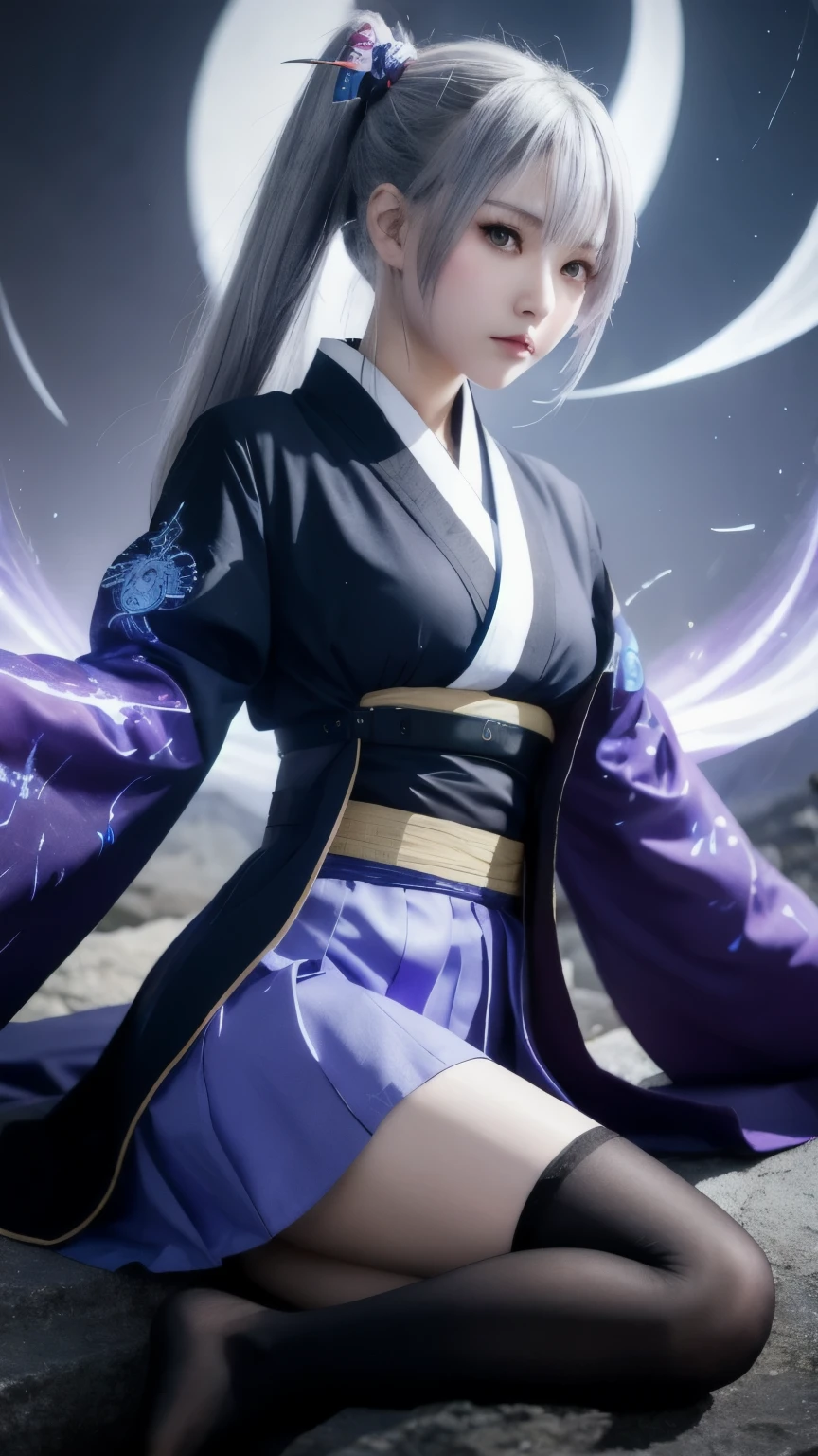 One girl, kimono, ponytail ,Gray Hair, Purple eyes, magic circle, Blue Fire, Blue Flame, wallpaper, landscape, Blood, Blood splatter, Depth of written boundary, night, Particles of light, light, Side light, Thighs, destiny \(series\), Genshin Impact, ****, Open jacket, skirt, Knee socks, cloud