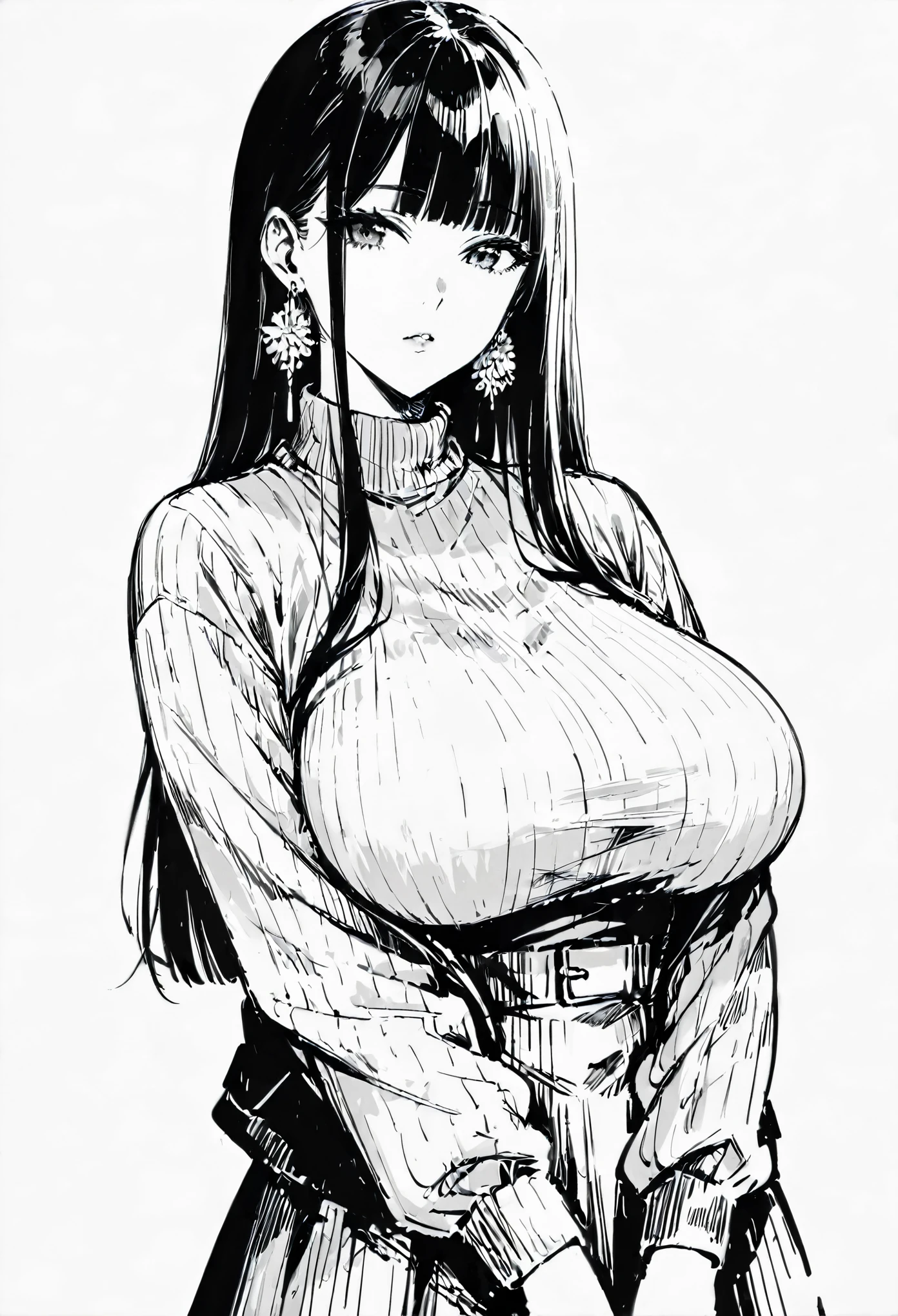 score_9, score_8_up, score_7_up, 1girl, sp1t, masterpiece, best quality, high quality, detailed clothes, detailed, monochrome, sketch, abundant detailed hatching shading, monochrome, big breasts, facing viewer, cozy outfit, white background, earring, neutral expression, straight hair, blunt bangs
