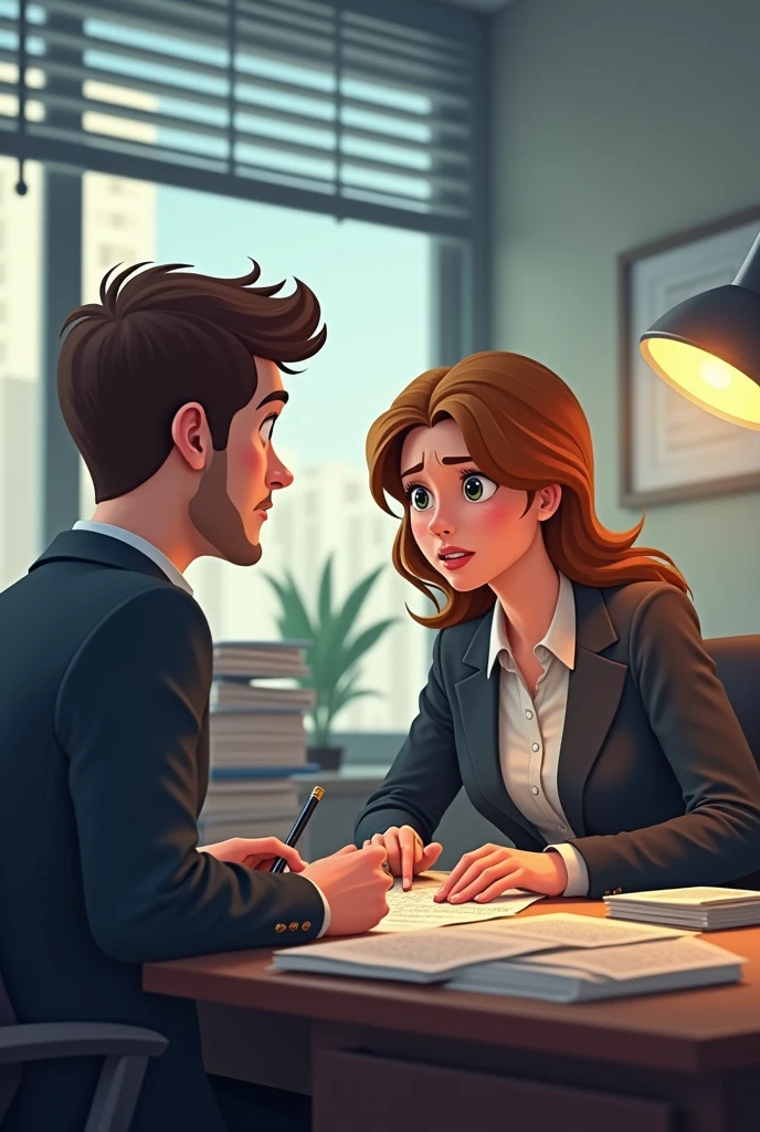 Image: Two office colleagues, Sam and Jordan, are at their desks. Sam is looking stressed and is writing an email, while Jordan is looking concerned. Text: Sam says, "I need help with this report. I’m not sure how to finalize the data." Jordan replies, "Sure, let’s discuss it."