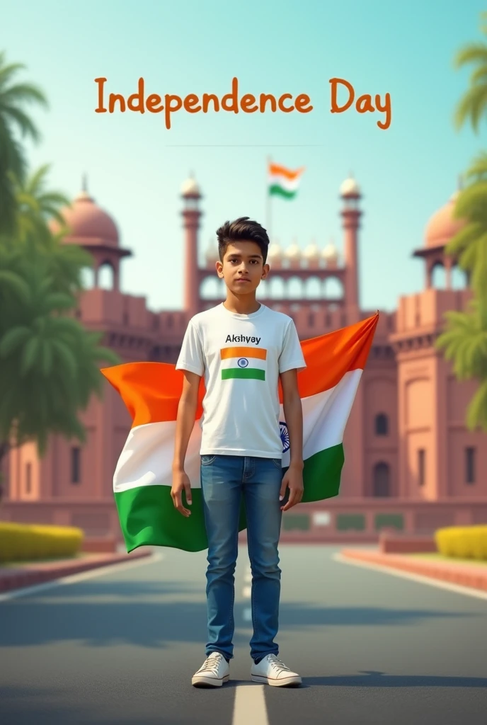 Generate a Realistic boy, Wearing White T shirt blue jeans sneakers and the name "Akshay " is written on his t-shirt and the boy is standing on the road with holding a national flag of India, and behind him is the Red Fort Delhi. And written on sky "Independence Day" Create Realistic Written on sky "Independent Day " Create Realistic image high quality