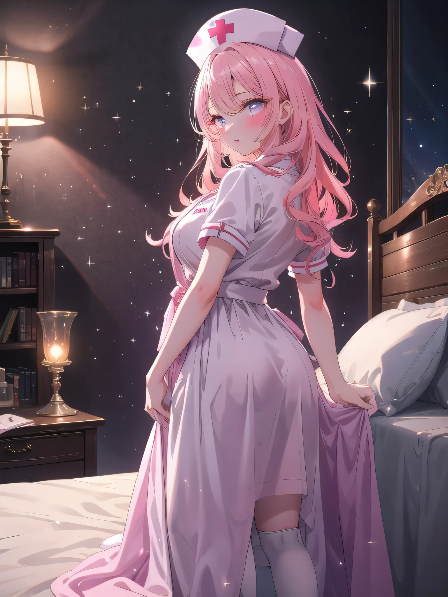 ((8k, Highest quality, masterpiece: 1.3)),Ultra-high resolution,(1 girl, alone), (Color changing eyes, Ultra-detailed, Expressive brilliance, Glitter, Glowing Eyes), Highly detailed eyes, Highly detailed face, Random Hair, ((pastel colour)),A seductive young woman with pastel pink hair styled into loose waves, lounging on her bed in her softly lit bedroom during the late evening. She is dressed in a sultry nurse cosplay, wearing a tight-fitting white dress with red accents, a matching nurse cap, and thigh-high stockings. The camera captures her from a low angle as she leans back on her hands, her gaze inviting and lips slightly parted. The room is dimly lit by a bedside lamp, casting warm shadows across her form, and the atmosphere is intimate, with plush pillows and a silk sheet draped over the bed.
